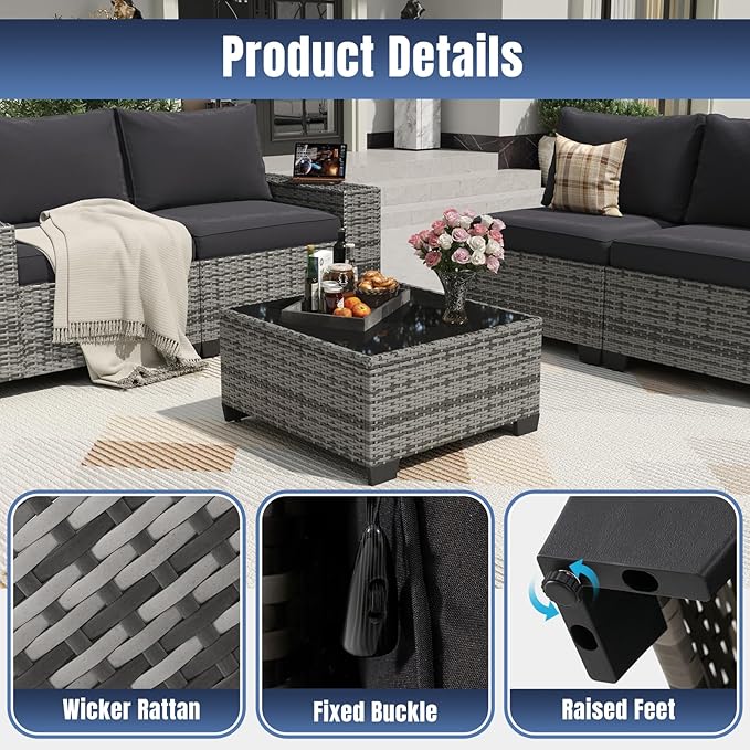Aoxun 7 Pieces Patio Furniture Set with 40” Fire Pit Table Wicker Rattan Outdoor Sectional Conversation Set with Coffee Table and 4” Thickened Cushions, Blue(Waterproof Cover Included)
