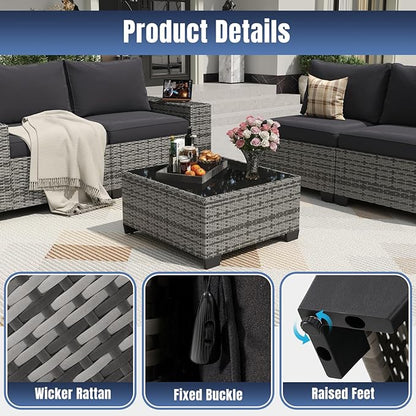 Aoxun 7 Pieces Patio Furniture Set with 40” Fire Pit Table Wicker Rattan Outdoor Sectional Conversation Set with Coffee Table and 4” Thickened Cushions, Blue(Waterproof Cover Included)