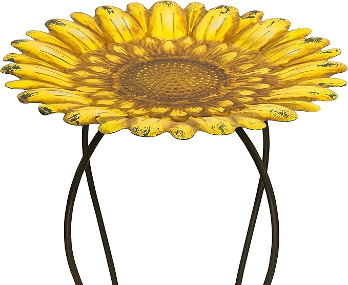 Alpine Corporation 19" H Outdoor Metal Birdbath w/Stylish Stand, Embossed Sunflower Birdbath Bowl and Stand Set, Yellow