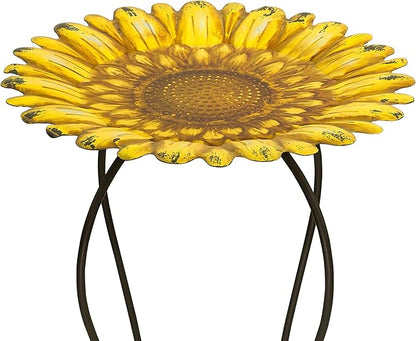 Alpine Corporation 19" H Outdoor Metal Birdbath w/Stylish Stand, Embossed Sunflower Birdbath Bowl and Stand Set, Yellow