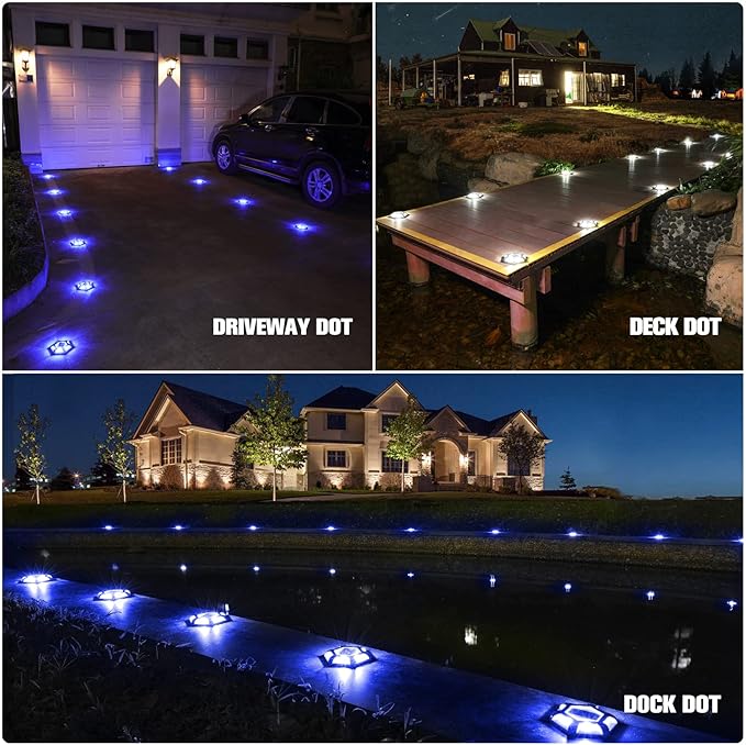 VOLISUN Solar Dock Lights, 16-Pack Waterproof Outdoor LED Aluminum Dock Lighting Warning Step Lights for Driveway (Blue+White, 2 Colors in 1)