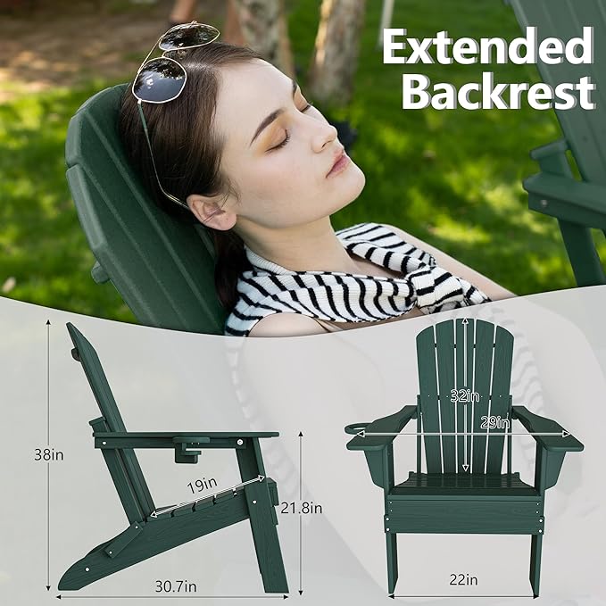 Plawdlik Folding Adirondack Chair, SGS Tested, Wooden Textured with Cup Holder, Heavy All-Weather HDPE Comfortable Set Poolside Backyard Lawn Green Set 2