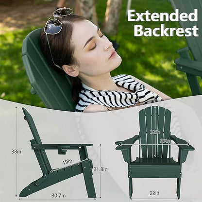 Plawdlik Folding Adirondack Chair, SGS Tested, Wooden Textured with Cup Holder, Heavy All-Weather HDPE Comfortable Set Poolside Backyard Lawn Green