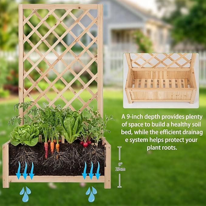 Wooden Raised Garden Bed with Trellis, 47" Outdoor Planter Box for Climbing Plants, Vertical Natural Wood Garden Planter for Vegetables, Flowers & Vines, Lattice Plant Support for Patio Yard Balcony