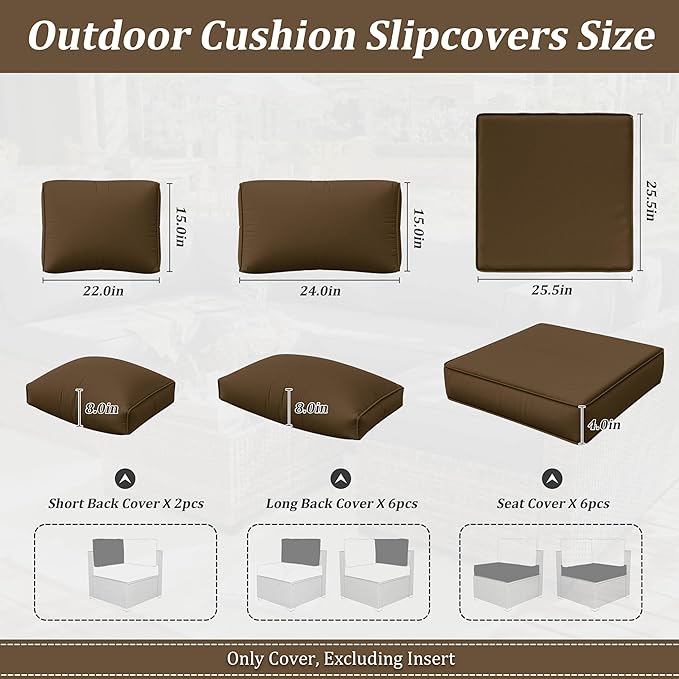14 Pcs Outdoor Cushion Slipcovers Outdoor Patio Cushion Covers Replacement Waterproof with Zipper for Outdoor Furniture, Patio Sofa Couch 3 Sizes, Covers Only