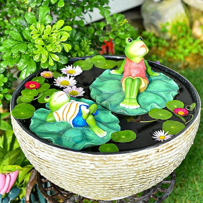 Sungmor Floating Resin Frog Figurine - Pond Decor with Water Floating Lotus Leaf and Frog Ornament - Outdoor Garden Decoration