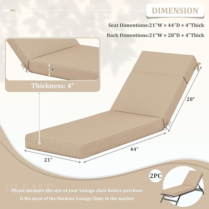 2 Pcs Chaise Lounge Cushions Outdoor, 72" L X 21" W X 4" D Lounge Chair Cushions for Outdoor Furniture, High-Density Foam Patio Chaise Cushion-Waterproof Fade-Resistant ThickPatio lounge chair cushion