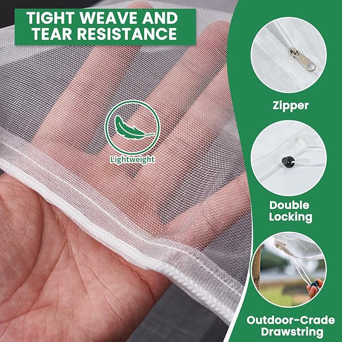Bird Netting for Garden Protection, Insect Netting Pest Barrier Mesh Cover Bag with Zipper & Drawstring 4 Pack 3.3x4.9 Ft Reusable Garden Fruit Tree Netting for Vegetables, Bushes, Flowers and Plants