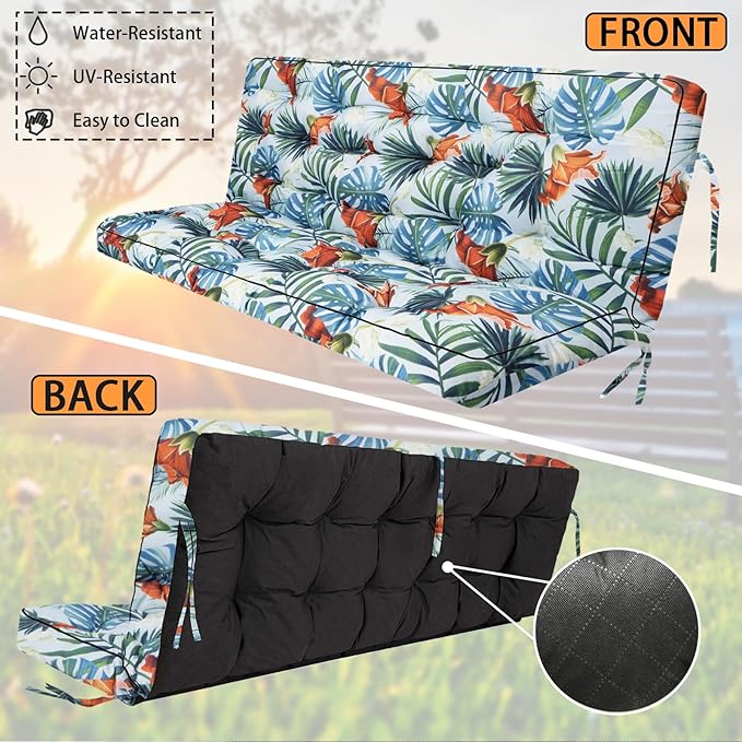 Swing Replacement Seat Cushions, 2-3 Seater Bench Cushions for Outdoor Furnitur with Backrest, Garden Recliner Seat Cushions Waterproof Sofa Pads (Flower Pattern, 55x40in)
