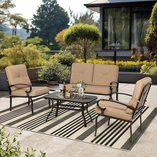 4-Piece Outdoor Metal Furniture Sets Patio Conversation Set Wrought Iron Loveseat, 2 Single Chairs, Coffee Table with Cushion, Lawn Front Porch Garden, Brown
