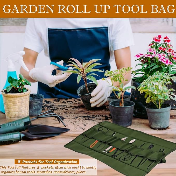 BLIRITEL Garden Roll Up Tool Bag, Canvas Bonsai Tools Roll with 8 Pockets, Multifunctional Tool Bag Organizer for Bonsai Tool Kits Storage, Wrench Roll Tool Pouch (Bag Only, Tools Not Include)