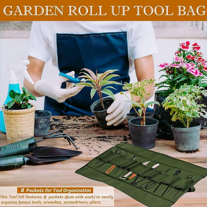 BLIRITEL Garden Roll Up Tool Bag, Canvas Bonsai Tools Roll with 8 Pockets, Multifunctional Tool Bag Organizer for Bonsai Tool Kits Storage, Wrench Roll Tool Pouch (Bag Only, Tools Not Include)