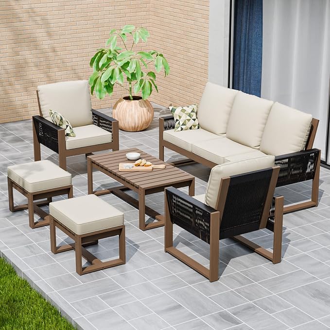 Rustic Hideaway Natural Cedar Wood Outdoor Furniture Set, Wicker Patio Conversation Set for Porch Garden Backyard, Couch, 2 Patio Chairs, Table and 2 Ottomans, 6 Piece, Brownish/Beige