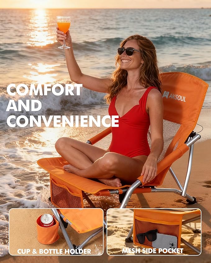 AKSOUL Folding Beach Chair for Adults: Low/High Back Chairs with Carry Bag - Extra Wide Seat Chair with Comfortable Pillow & Storage Pocket (1 Pack & 2 Pack, Blue)