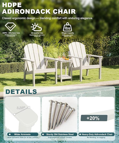Adirondack Chair Set of 2, All Weather HDPE Fire Pit Chairs, Oversized Plastic Adirondack Chair for Outdoor, Balcony, Deck, Backyard, Patio, Garden, Poolside, Lawn White