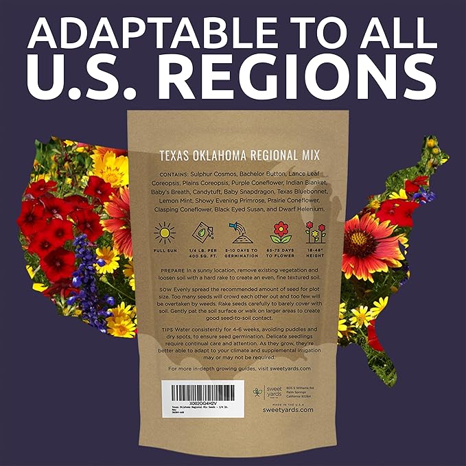 Texas Oklahoma Wildflower Seeds Mixture - Bulk 1/4 Pound Bag - Over 60,000 Native Seeds - Open Pollinated and Non GMO