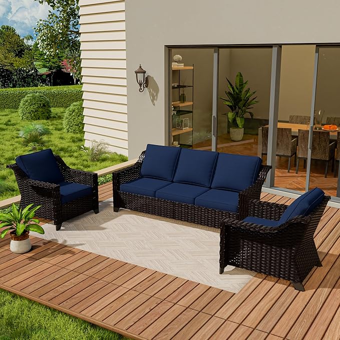 VistaVibe 3 Pieces Outdoor Patio Conversation Furniture Set - 78" 3-seat Sofa | 2 Wicker Chairs, Deep Seat Loveseat, Removable Cushions, Hand-Woven PE Rattan Couch, Balcony (Brown/Navy)