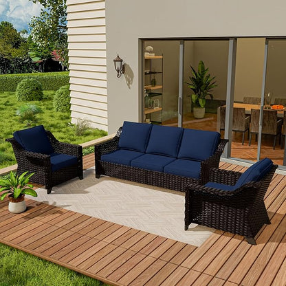 VistaVibe 3 Pieces Outdoor Patio Conversation Furniture Set - 78" 3-seat Sofa | 2 Wicker Chairs, Deep Seat Loveseat, Removable Cushions, Hand-Woven PE Rattan Couch, Balcony (Brown/Navy)