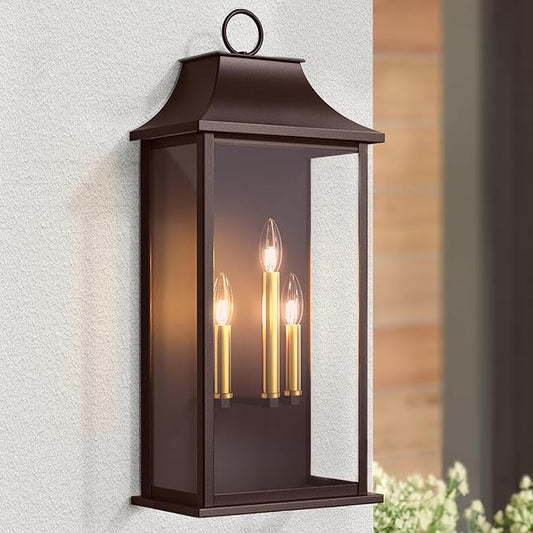 Dusk to Dawn Outdoor Wall Light 3-Light, 25.3" Large Outdoor Light Fixture, Oil Rubbed Bronze Exterior Wall Lantern, Waterproof Outside Wall Sconce for House Porch Patio