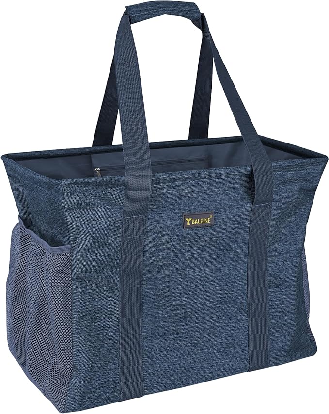 BALEINE Extra Large Utility Tote Bag with Reinforced Wire Frame, Reusable Grocery Bag for Shopping, Picnic (Blue, 16.5''x14''x10'')