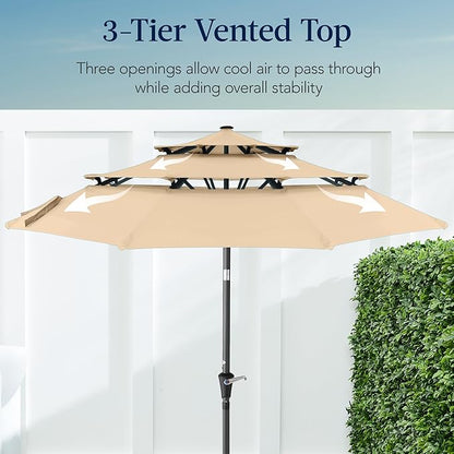 Best Choice Products 10ft 3-Tier Market Patio Umbrella, Outdoor Sun Shade with Tilt, Crank Lift, 8 Ribs for Backyard, Deck, Poolside – Sand