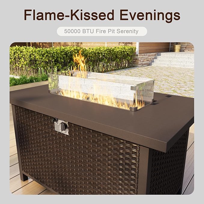 15-Piece Outdoor Patio Furniture Set, Wicker Rattan Conversation Set with Fire Pit Table and Foot Rest, Sectional Modular Sofa Couches Chairs Ottomans for Deck, Balcony, Backyard, Yard (Blue Cushions)