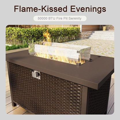 15-Piece Outdoor Patio Furniture Set, Wicker Rattan Conversation Set with Fire Pit Table and Foot Rest, Sectional Modular Sofa Couches Chairs Ottomans for Deck, Balcony, Backyard, Yard (Blue Cushions)