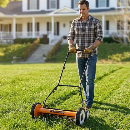 Walensee Push Reel Lawn Mower, 18-Inch 5-Blade Cordless Manual Reel Lawn Mower, Walk-Behind Steel Lawn Mower with 9-Position Cutting Height Adjustment & Sponge Grip