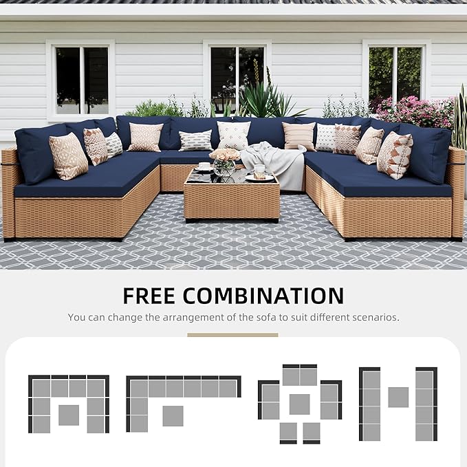 UPHA 9 Pieces Patio Furniture Sets Outdoor Sectional Sofa Wicker Conversation Couch for Decks, Backyards, Gardens, Yellow Rattan, Navyblue Cushion