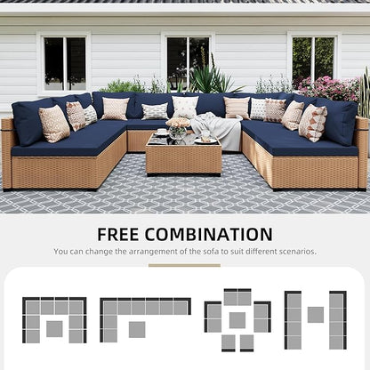 UPHA 9 Pieces Patio Furniture Sets Outdoor Sectional Sofa Wicker Conversation Couch for Decks, Backyards, Gardens, Yellow Rattan, Navyblue Cushion