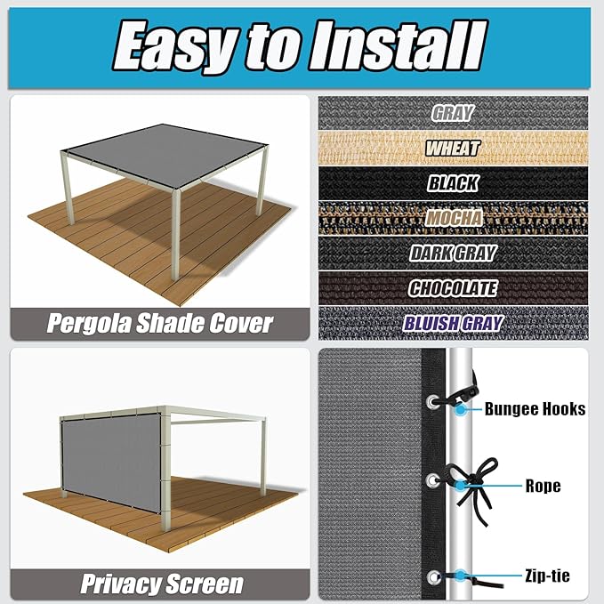 Amagenix 90% Sun Shade Cloth with Grommets, 8' x 12' Pergola Replacement Shade Cover Canopy Privacy Screen for Outdoor Patio Garden, Gray (We Customized)