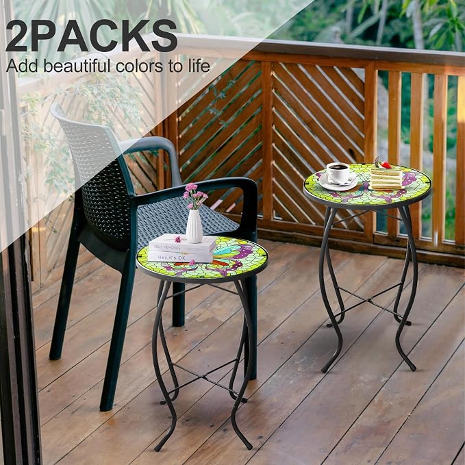 Arbuxzuy 2PCS 12 Inch Small Outdoor Side Table with Colorful Butterfly, Glass Mosaic Patio Table Indoor, Round Plant Coffee Table for Living Room, Balcony, Garden