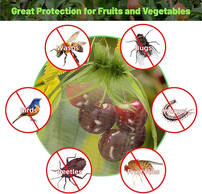 100Pcs Fruit Protection Bags, Garden Plant Fruit Netting Cover Bags, Drawstring Mesh Fruit Protectors Barrier for Apples, Tomatoes, Fruit Trees, Veggies Garden(4x6 Inch)