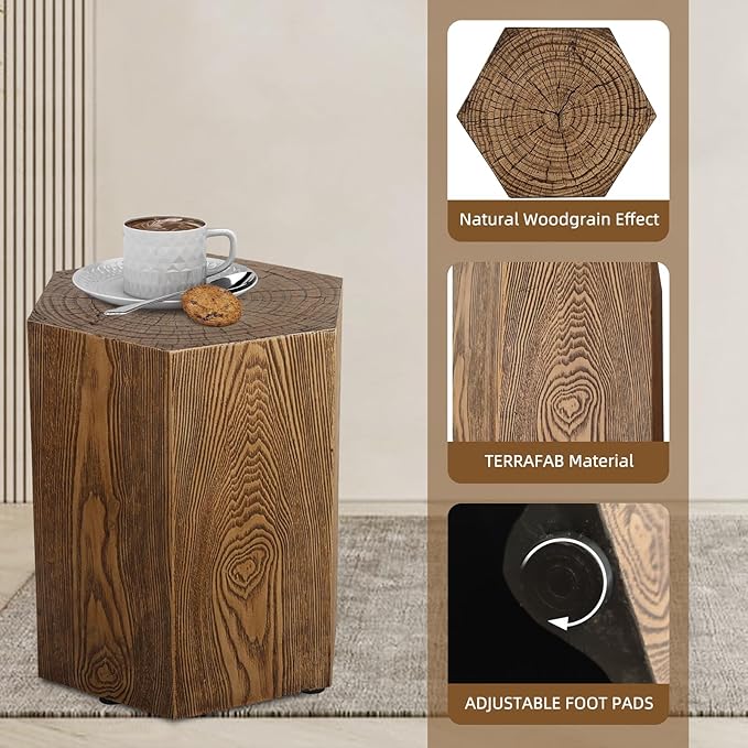 Afterglow Outdoor Hexagonal Side Table, Terrafab Material Natural Decorative Garden Stools, Unique End Table for Living Room Bedroom Patio Home Decor
