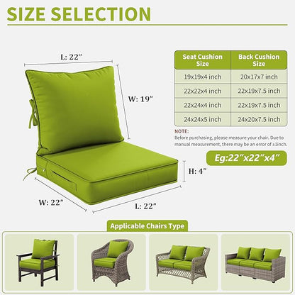 Premium Outdoor Seat Cushion Chair Cushions for Patio Furniture 22 L X 22 W X 4 H Waterproof & Fade Resistant Deep Seat and Backrest Cushion Set with Removable Covers for Chair, Sofa