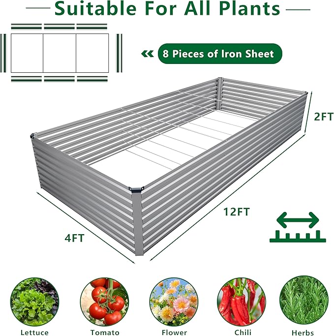 DIIYIV Galvanized Raised Garden Bed Kit Outdoor Patio,12x4x2ft Large Rectangular Metal Planter Boxes,Deep Root Box Planter for Gardening,Vegetables,Flowers,Herbs-Silver