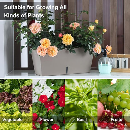 Oliz Window Box Planter 6 Pcs, 12.6 Inches Self Watering Rectangle Flower Plant Pots with Drainage Holes & Breathable Trays, Vegetable Planters for Windowsill Patio Garden Balcony Porch Yard (Khaki)