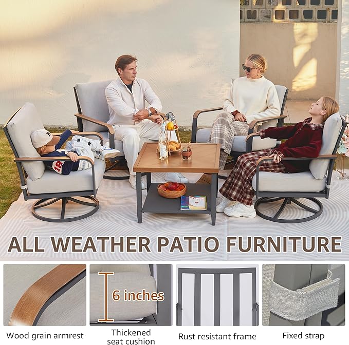NATURAL EXPRESSIONS 5 Piece Patio Furniture Set, Outdoor Conversation with 4 Pcs Swivel Rocking Chairs and 27" Double-Layer Coffee Table 6" Thick Cushions for Balcony, Backyard, Deck (Light Gray)