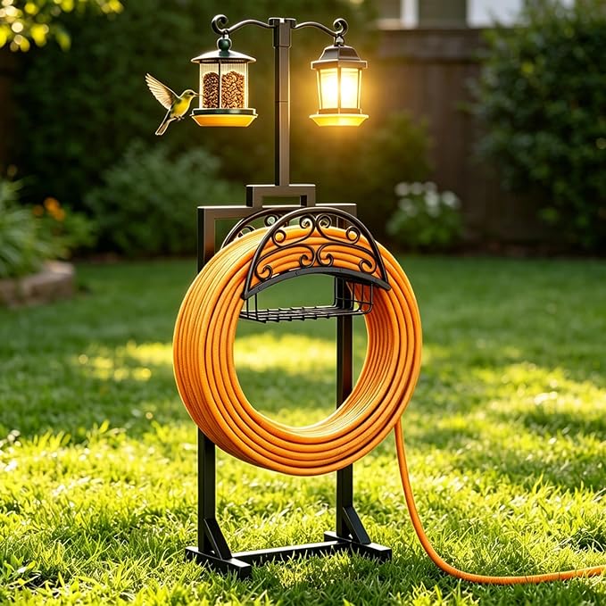 Garden Hose Holder with Shepherds Hooks - Freestanding Metal Water Hose Holder Stand Holds 160ft, Heavy Duty Garden Hanger Storage Rack for Outside Yard Lawn Farm