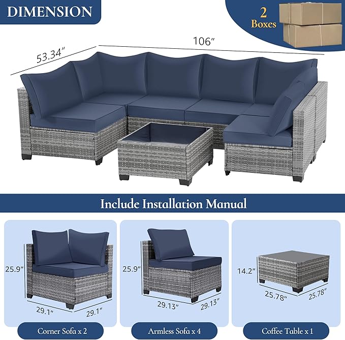 FHFO 7 Piece Outdoor Wicker Patio Furniture Set, Rattan Sectional Sofa Couch, Patio Conversation Set with Cushion & Coffee Table, for Backyard Poolside Porch Garden, Grey-Navy Blue