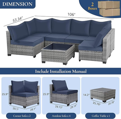 FHFO 7 Piece Outdoor Wicker Patio Furniture Set, Rattan Sectional Sofa Couch, Patio Conversation Set with Cushion & Coffee Table, for Backyard Poolside Porch Garden, Grey-Navy Blue