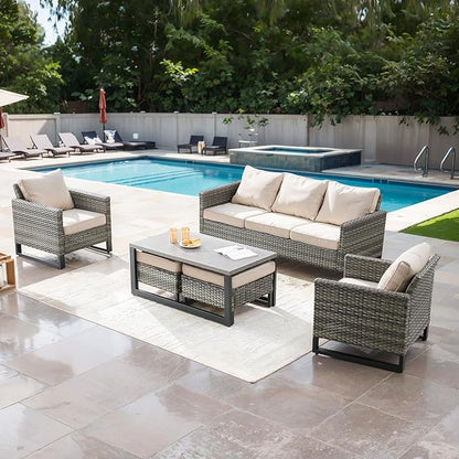 Rilyson Wicker Outdoor Patio Furniture Set - 6 Piece Patio Conversation Set with 2 Armrest Chairs,2 Rattan Ottoman,1 Couch and 1 Metal Side Table for Outside Porch Deck Backyard(Mixed Grey/Beige)