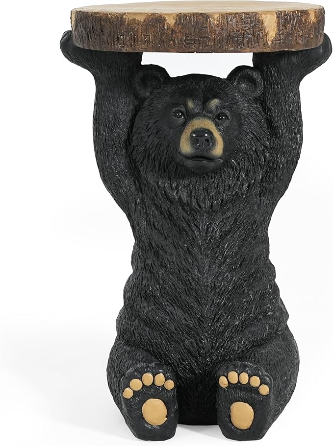 Christopher Knight Home Blitz Bear Outdoor Side Table, MGO Bear Statue with Display Tabletop, Hand Painted Sculpture, Cute Small End Table for Indoor/Outdoor, No Assembly Required, Black + Brown