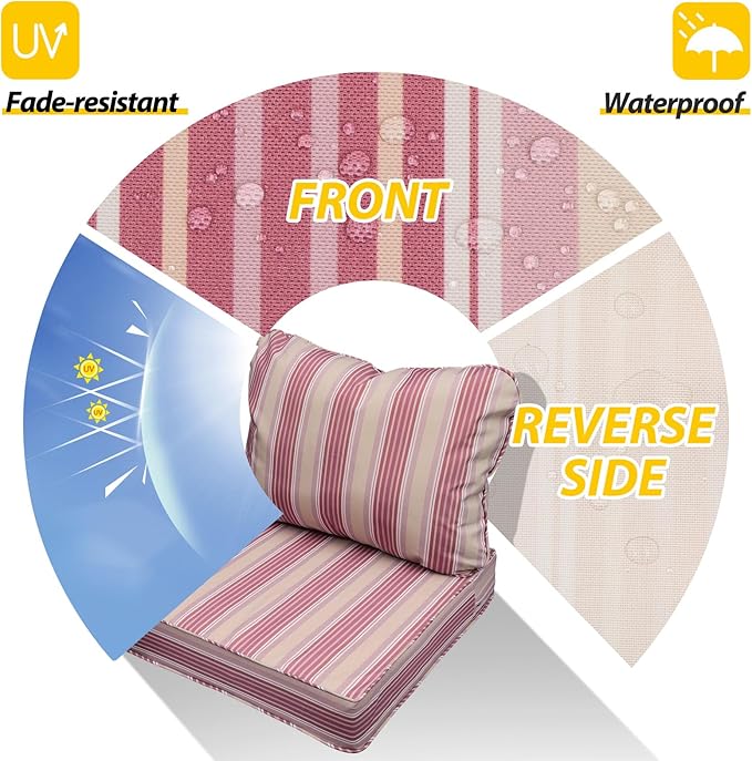 AAAAAcessories Outdoor Seat Cushions for Chairs, Fade-Resistant, Waterproof Patio Furniture Replacement Cushions, 22" x 22" x 3" + 22" x 17", Dusty Rose Garden Stripe