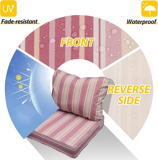 AAAAAcessories Outdoor Seat Cushions for Chairs, Fade-Resistant, Waterproof Patio Furniture Replacement Cushions, 20" x 18" x 3" + 20" x 17", Dusty Rose Garden Stripe