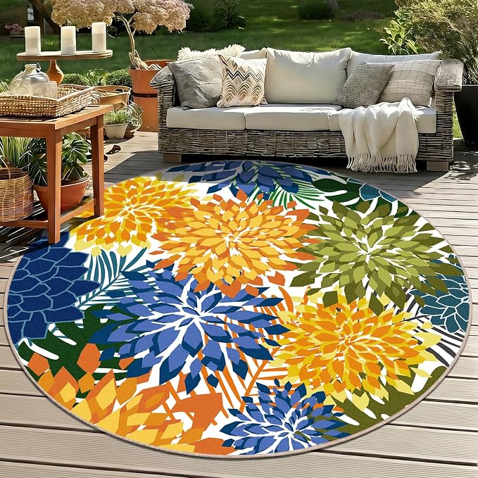ZonLi Colorful Outdoor Rug 6x6Ft Waterproof Multicolored Indoor Area Rug Washable Outdoor Patio Rugs Tropical Floral Non Slip Outdoor Carpet for Living Room, Pool,Backyard,Deck,Camping