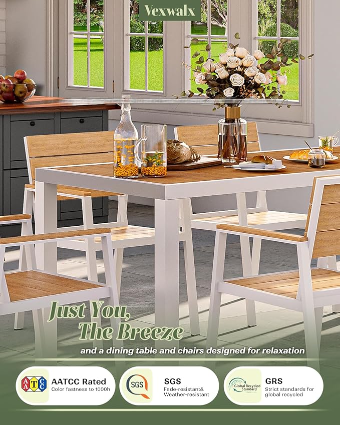Outdoor Dining Chairs Set of 2, HDPS + Aluminum Patio Dining Chairs with Ergonomic Design and Wide Seat, 2 Piece Outdoor Chairs for Garden, Backyard, Deck (White-Teak)