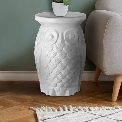 JONATHAN Y TBL1023A Groovy Owl 17.5" Ceramic Indoor/Outdoor Garden Stool Traditional, Cottage, Classic, Bohemian, Side Table, Plant Stand, Spill-Proof, Living Room, Garden Room, Patio, White