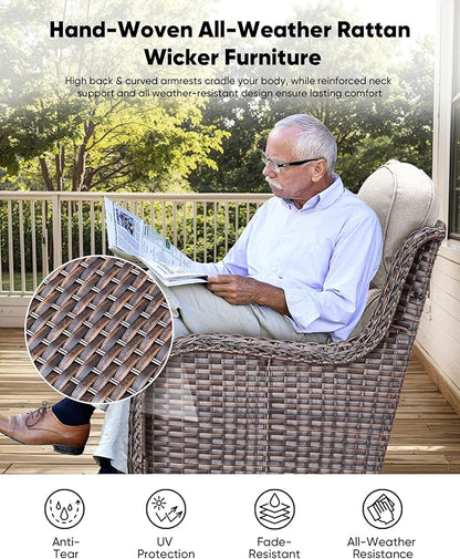 HUMMUH Wicker Patio Furniture High Back Swivel Rocker Patio Chairs Outdoor Bistro Set with Ottomans Side Table for Porch Garden Deck