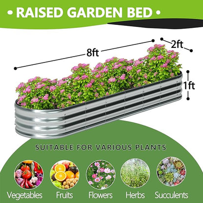 Foxlang 8x2x1ft(2 Pack) Galvanized Oval Raised Garden Bed,Outdoor Planter Box Metal Patio Kit Planting Bed for Vegetables Flowers Herb,Silver